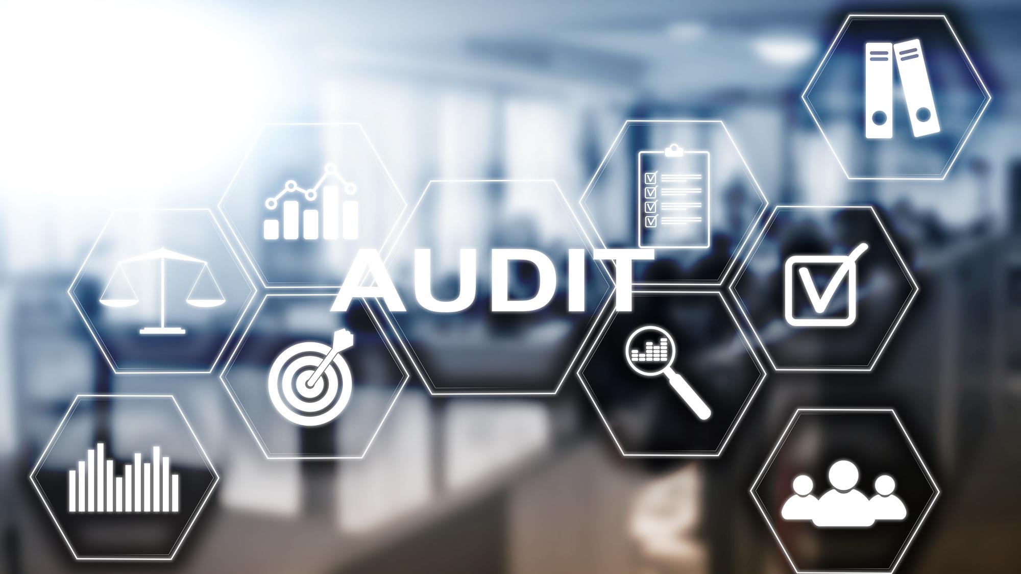 Audit business and finance concept nalysis Annual Financial Statements Analyze return on investment Mixed media abstract background